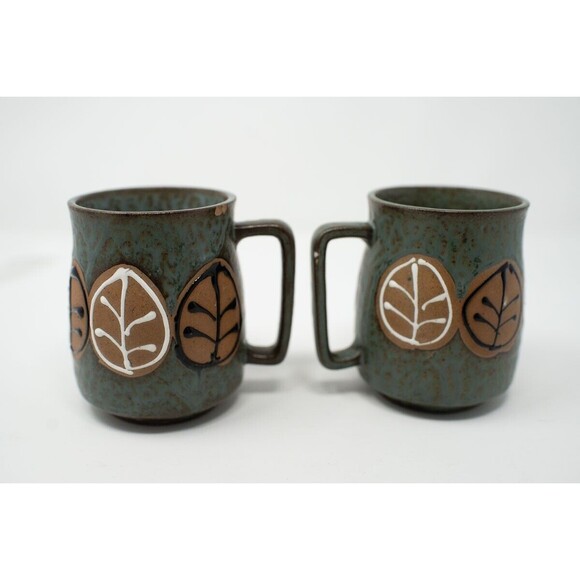 Pair Vintage Leaf Mug Japanese Stoneware Leaf Coffee Cup Japan redware - Picture 2 of 5
